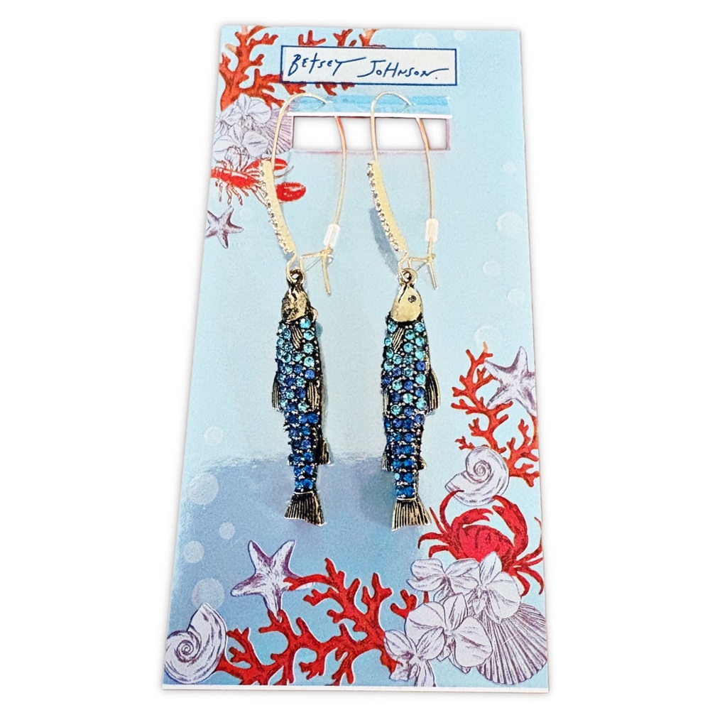 Betsey Johnson Blue Crystal Fish Earrings Nautical Statement Dangle
